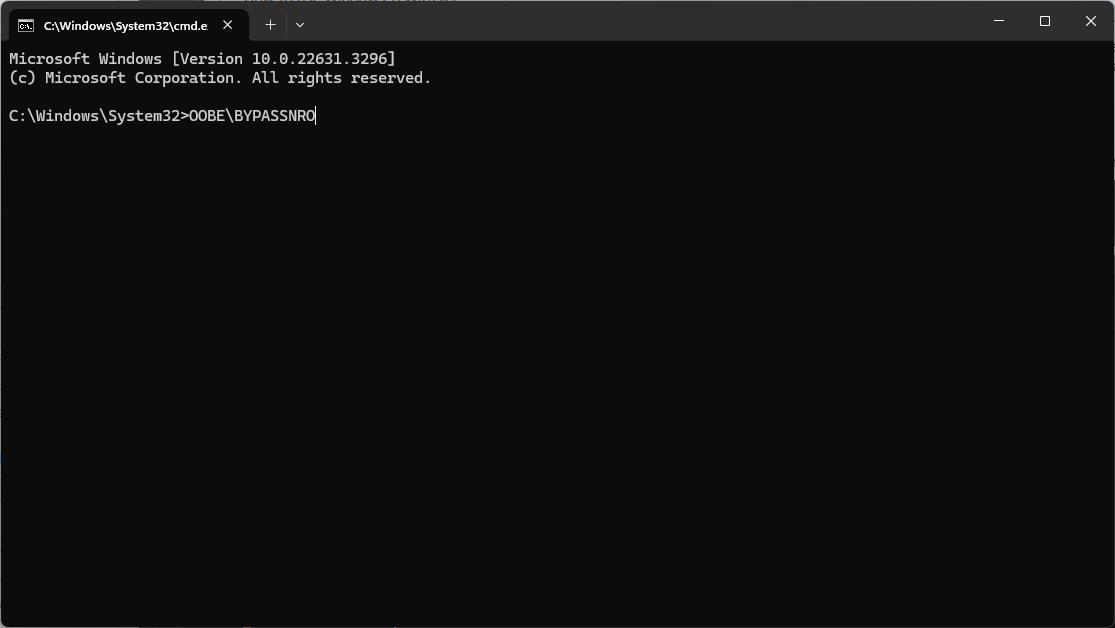 Windows 11 Command Prompt "OOBE\BYPASSNRO" Command